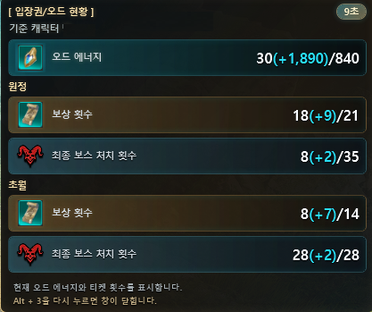 오드 에너지와 입장권 현황을 보여주는 NOT METER Alt + 3 UI